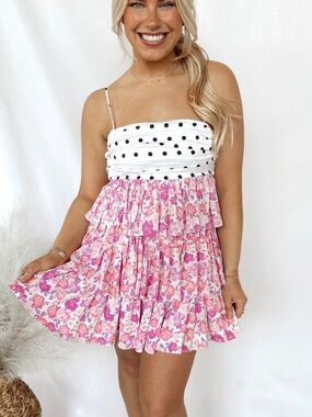 Polka Dot & Pink Floral Tiered Mini Dress - Small